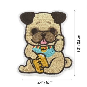 LUCKY PUG IRON ON EMBROIDERED PATCH (LARGE)